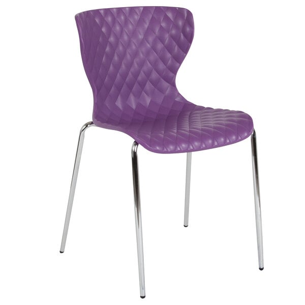 A Flash Furniture purple plastic chair with metal legs.