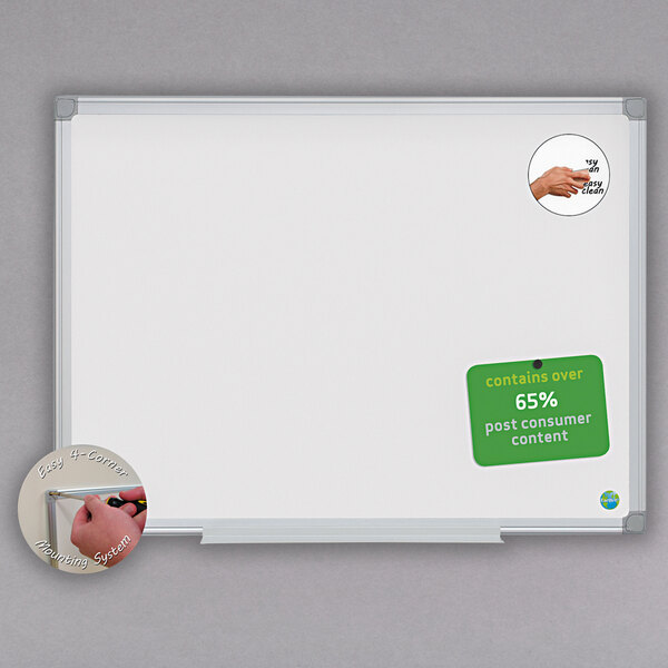 A whiteboard with a white board and a green sticker with the words "MasterVision Melamine Dry Erase Board"