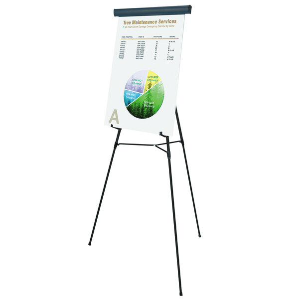 A black MasterVision metal telescoping tripod display easel holding a white board with a pie chart on it.