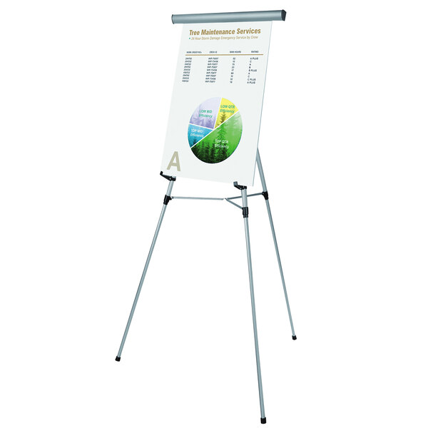 A MasterVision silver metal telescoping tripod display easel holding a white board with a chart on it.