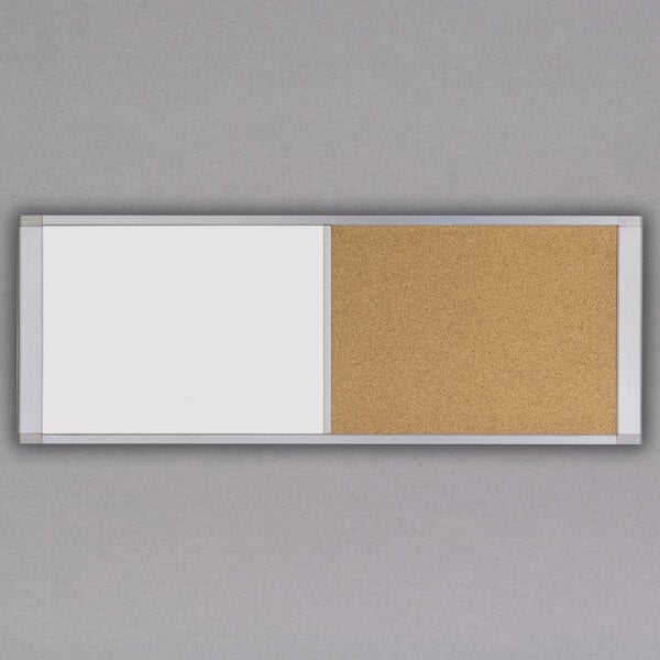 A white board with a white frame and a cork board.