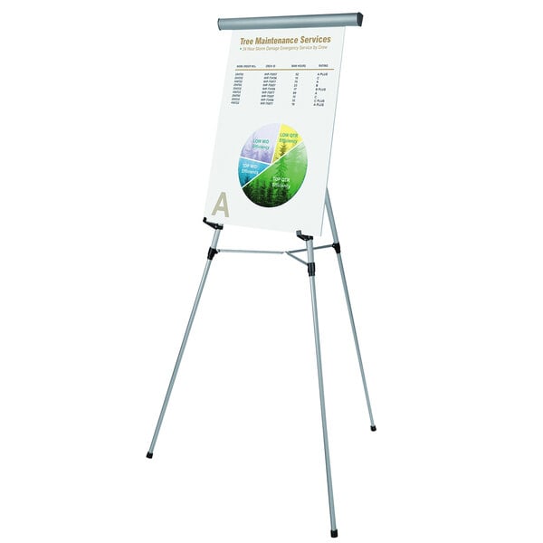 A MasterVision silver metal telescoping easel holding a white board with a chart on it.