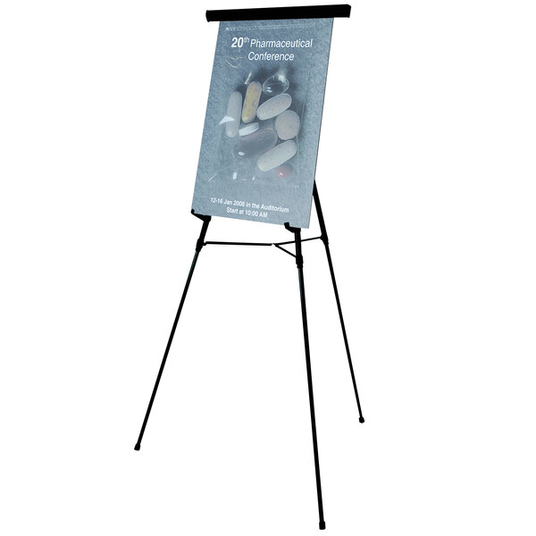 A black MasterVision telescoping display easel holding a sign.