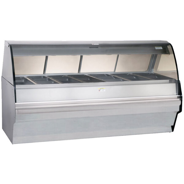 A stainless steel Alto-Shaam heated display case with curved glass over three compartments.