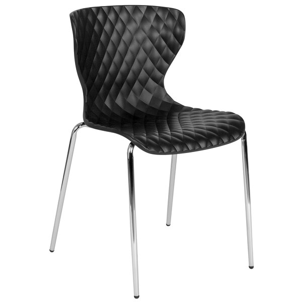 A Flash Furniture Lowell black plastic stackable chair with chrome legs.