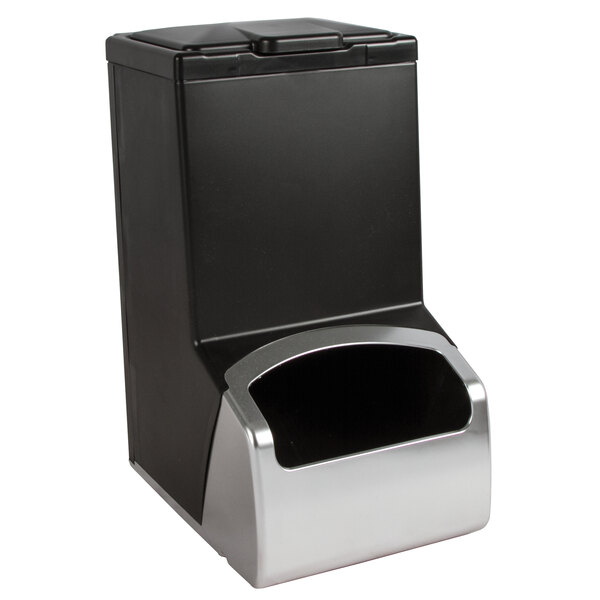 A black and silver rectangular San Jamar MODBFD Modular Bulk FIFO Condiment Dispenser with a lid.