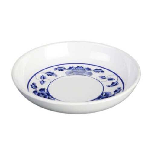 A white Thunder Group round melamine sauce dish with blue lotus flowers on it.
