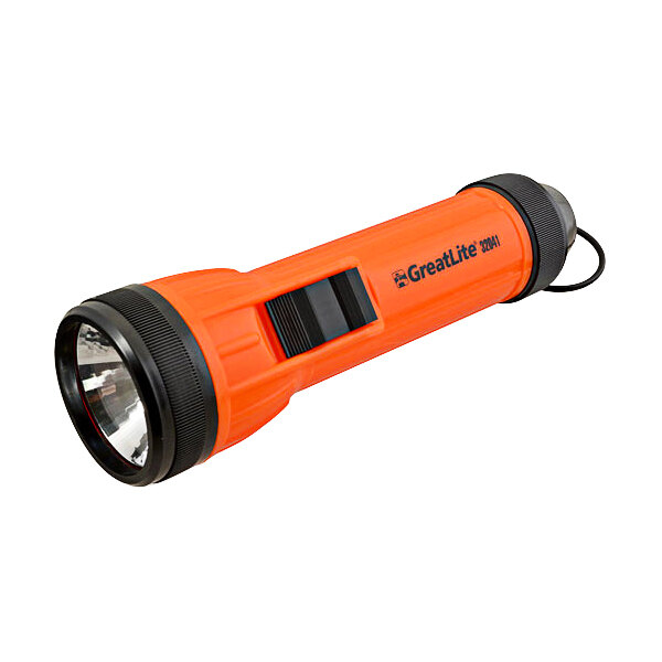 An orange and black 6 1/2" Luminescent Flashlight.