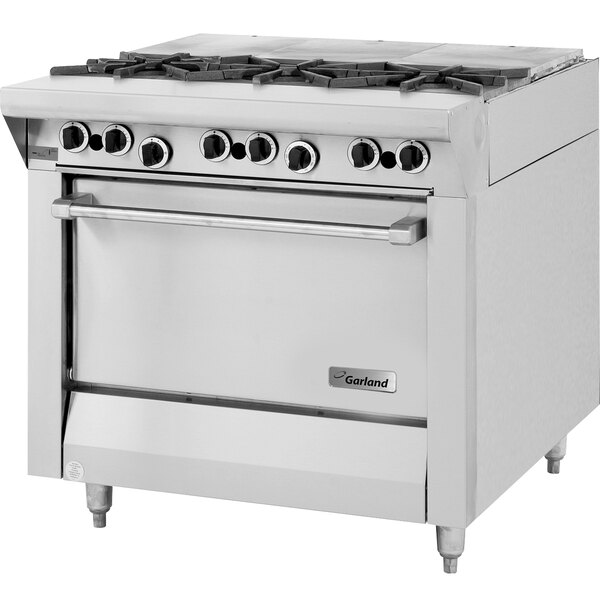 A Garland stainless steel gas range with a French top, 3 burners, and a standard oven.