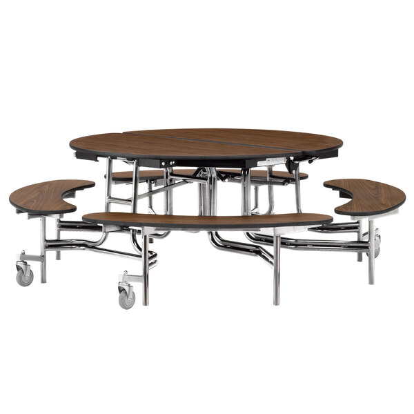 A National Public Seating round plywood cafeteria table with chrome frame and benches on wheels.