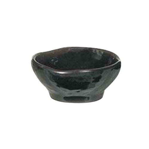 A black Thunder Group melamine rice bowl with a wave design.