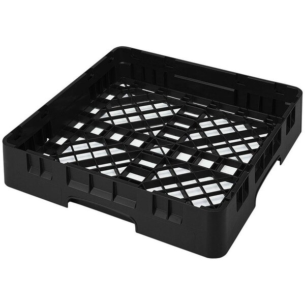 A black plastic Cambro dish rack with closed sides and holes in it.