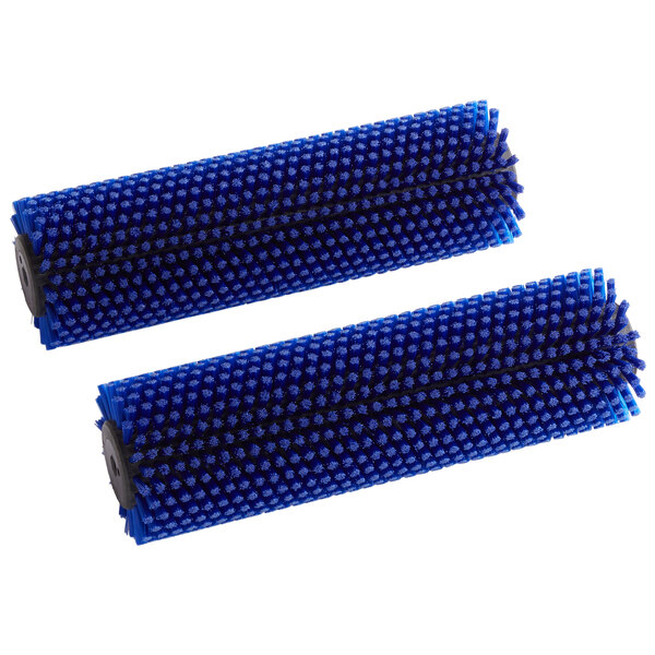 Two blue hard poly brushes for a Minuteman Port-A-Scrub floor scrubber.