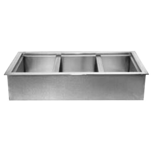 A stainless steel drop in cold food well with three sections.
