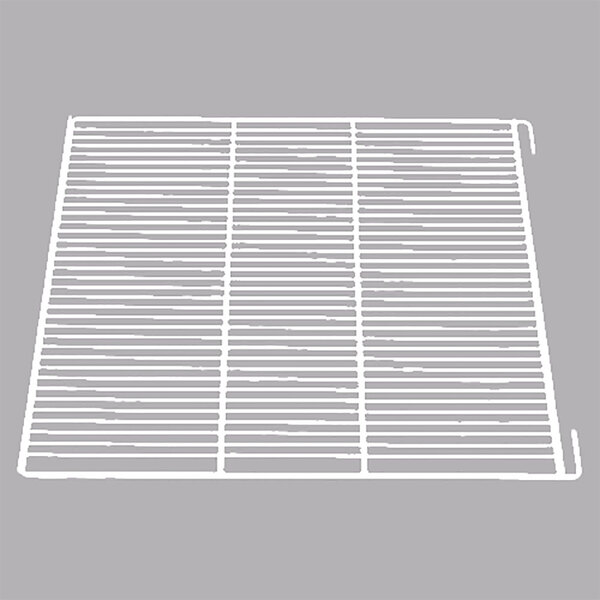 A white rectangular metal grid shelf with white lines.