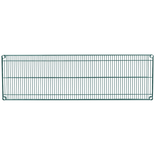 A green wire mesh Metro Super Erecta shelf on a white background.