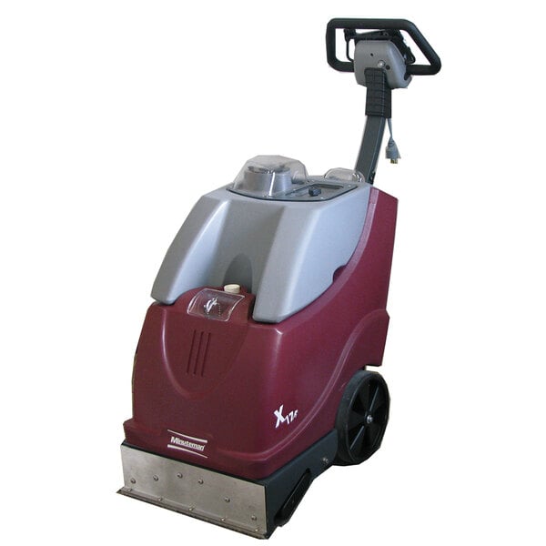 A red and gray Minuteman X17 carpet extractor with wheels and a handle.