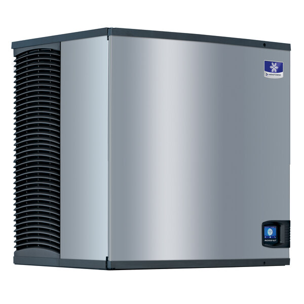 A silver rectangular Manitowoc Ice machine with a black top and blue logo.