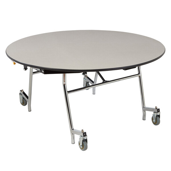 A round National Public Seating cafeteria table with a black edge and wheels.