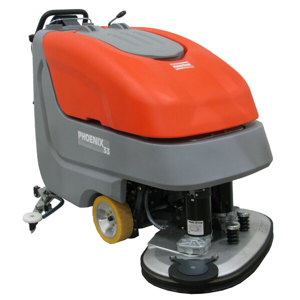 A Minuteman cordless walk behind floor scrubber with wheels and a red cover.