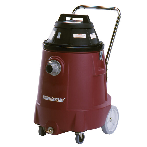 A red and black Minuteman wet/dry vacuum cleaner on wheels.
