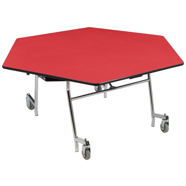 A red hexagonal table top on a National Public Seating cafeteria table with chrome base.