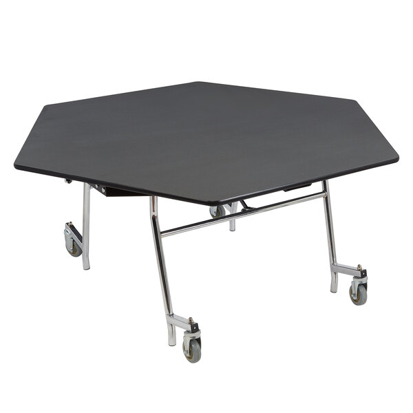 A hexagonal National Public Seating cafeteria table with black ProtectEdge and a black frame with wheels.