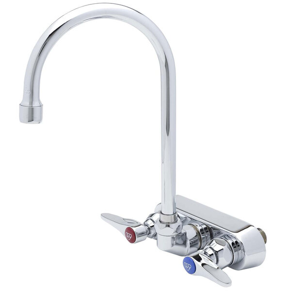 A chrome T&S wall mount faucet with two handles and a swivel gooseneck spout.