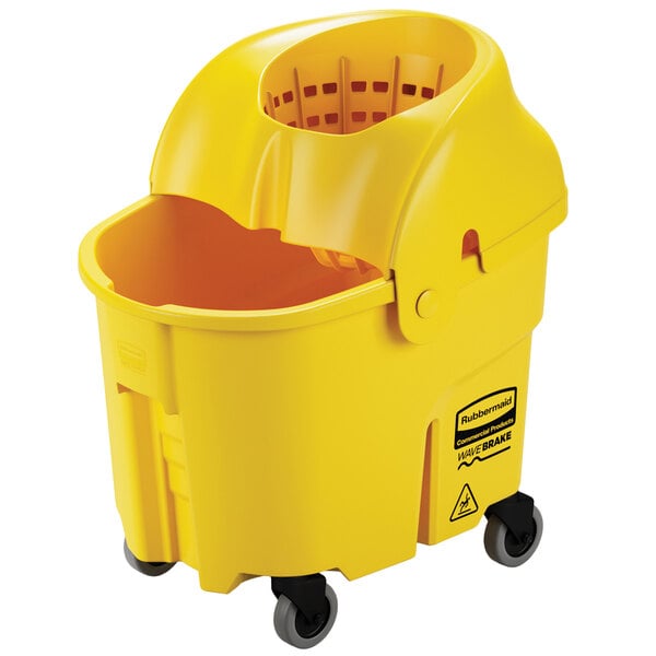A yellow Rubbermaid WaveBrake mop bucket with wheels.
