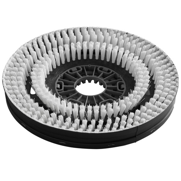 A Minuteman white circular disc brush with white bristles.