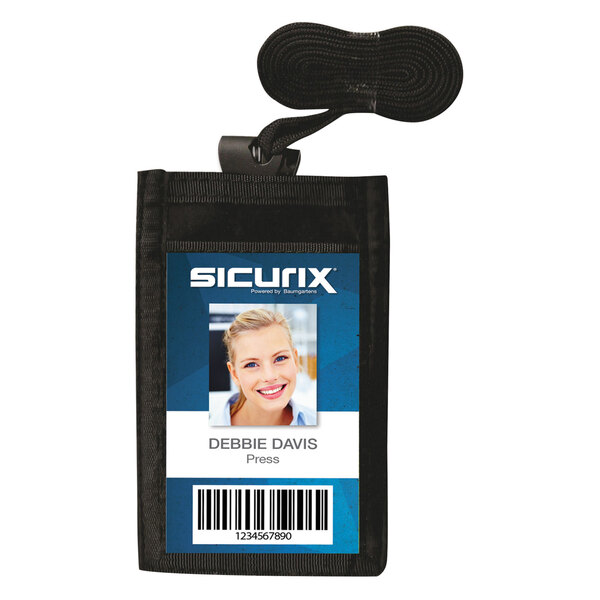 A black vertical ID neck pouch with a person's name tag inside.