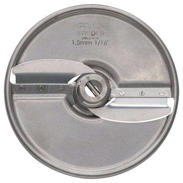 A Hobart stainless steel circular metal object with two circular blades.