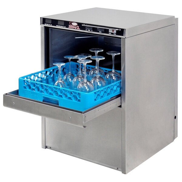 A CMA Dishmachines undercounter glass washer with wine glasses inside.