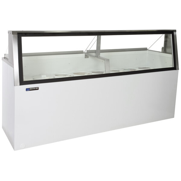 A white Master-Bilt ice cream dipping cabinet with a black top.