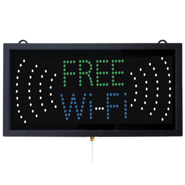 A black rectangular LED sign with white, green, and blue text that says "Free WiFi"