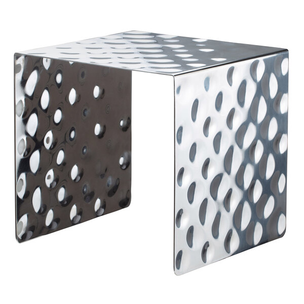 A Bon Chef stainless steel square showcase stand with a hammered texture and holes in the top.