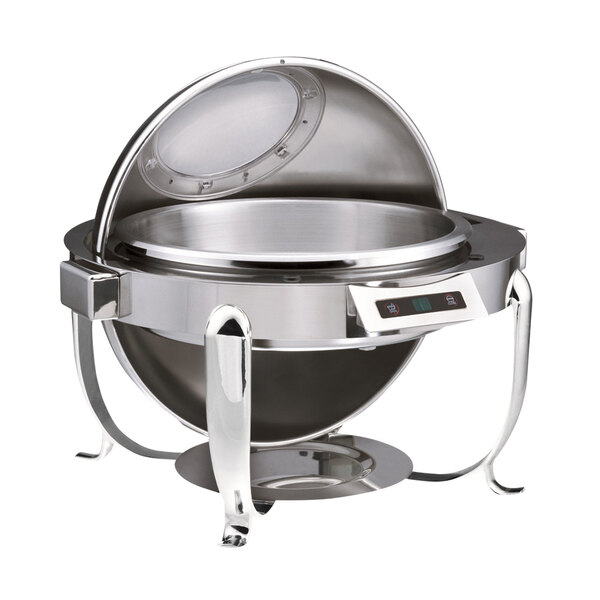 A Bon Chef round silver electric chafer with a lid on a counter.
