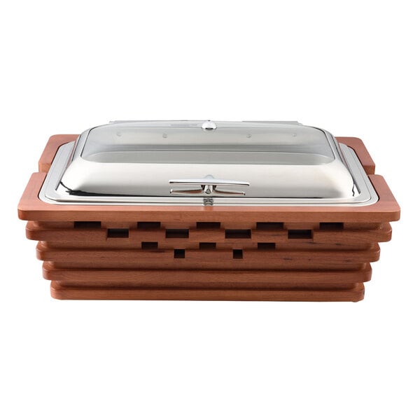 A Bon Chef rectangular chafing dish with a glass lid on a table.
