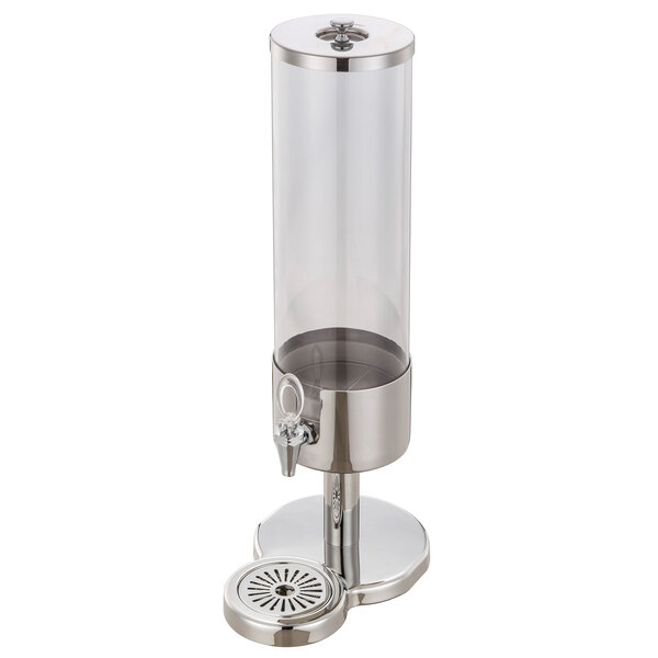 A clear acrylic Bon Chef beverage dispenser with a metal stand.
