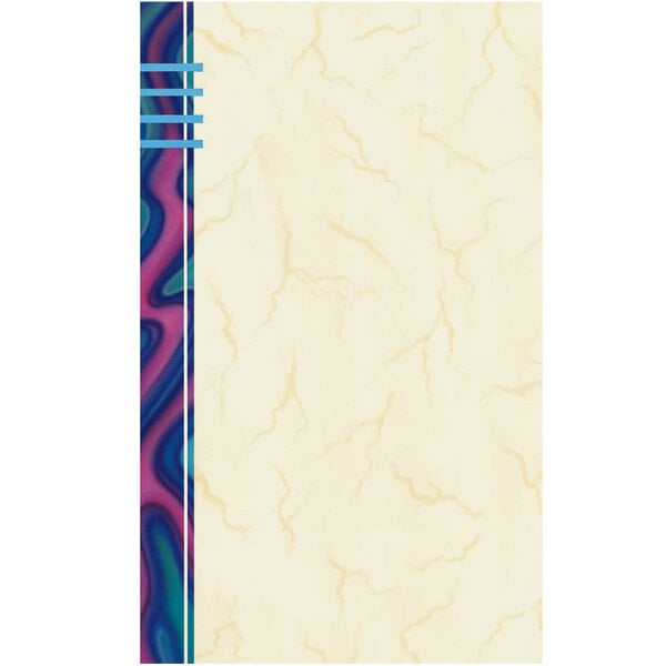 White rectangular paper with a blue and purple wave border.