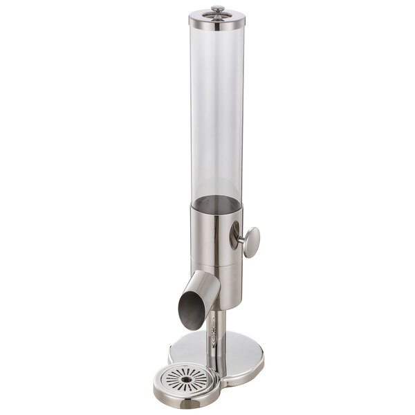 A silver stainless steel Bon Chef cereal dispenser with a clear tube.
