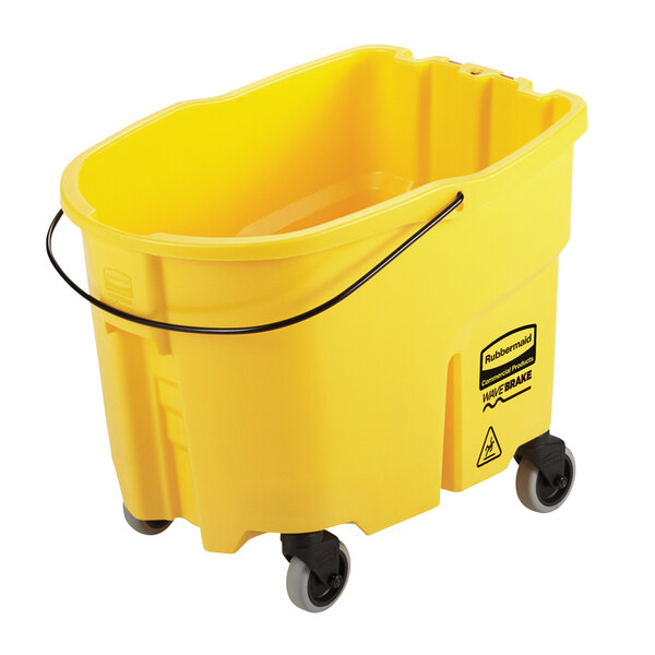 A yellow Rubbermaid WaveBrake mop bucket with wheels and a black handle.