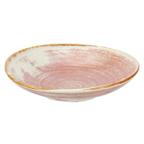 A close-up of a Bon Chef Tavola Blush porcelain bowl with pink and gold accents.