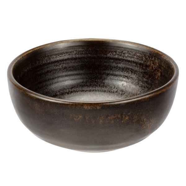 A brown bowl with a black rim.