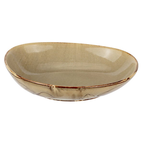 A white porcelain bowl with a brown rim.