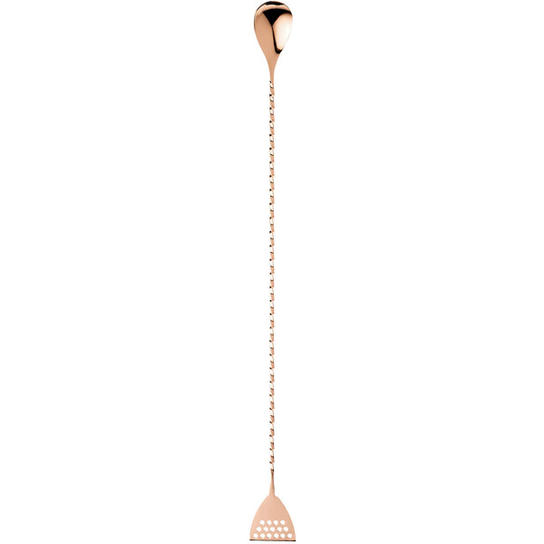 A copper-plated stainless steel Barfly bar spoon with a long handle.