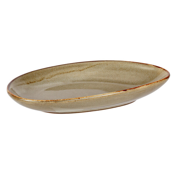 A white porcelain oval plate with a brown rim.