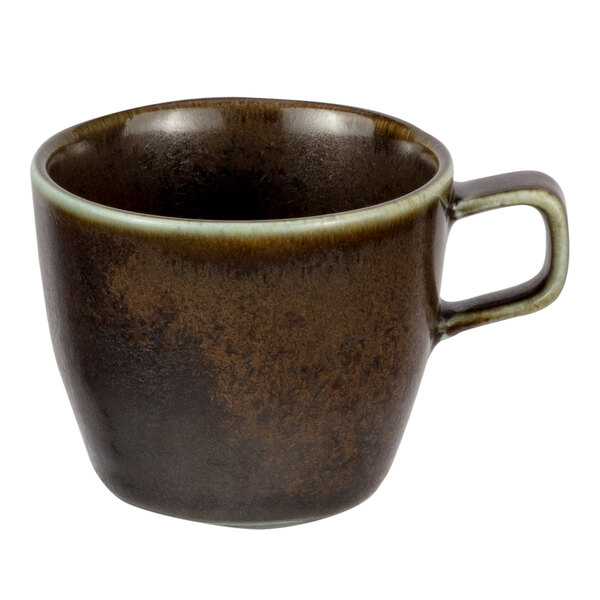 A brown Bon Chef Tavola Eros tea cup with a handle.