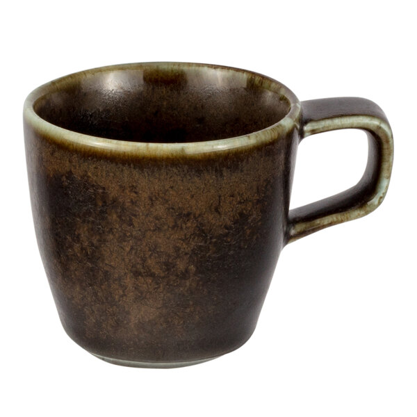 A brown espresso cup with a handle.