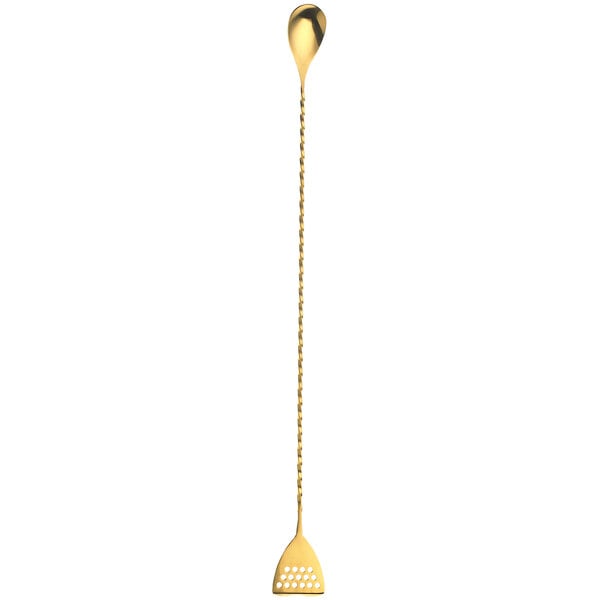 A gold-plated stainless steel Barfly bar spoon with a long handle and strainer.